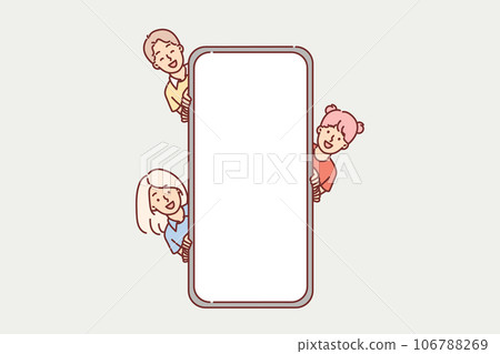 Children near giant phone with empty screen, to demonstrate kids application for schoolchildren Children near giant phone with empty screen, to demonstrate kids application for schoolchildren 106788269