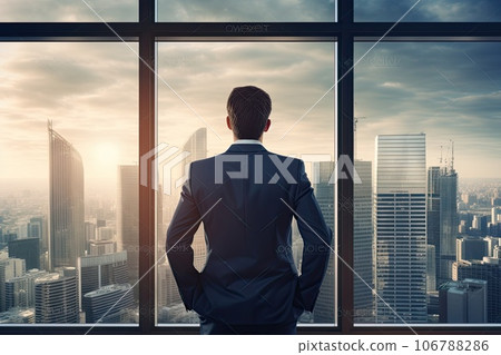Back view of a Scandinavian businessman in a formal suit in front of a window of his office on backdrop of skyscrapers in the business district of the city. 106788286