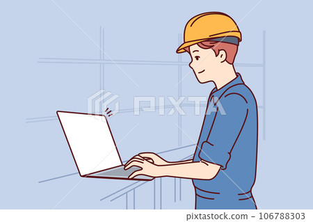 Man with laptop works as engineer in factory and performs setup of production machines 106788303