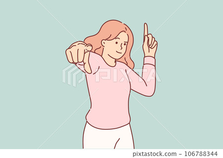 Woman points finger up and at screen, urging people to pay attention to ad or support protest 106788344