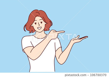 Happy woman pointing at copy space and raising palm up to demonstrate advertised product Happy woman pointing at copy space and raising palm up to demonstrate advertised product 106788370