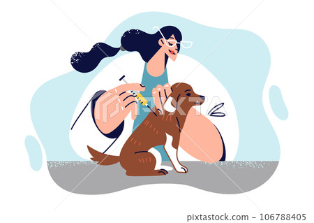 Female veterinarian gives injection to dog to vaccinate puppy against rabies or infections 106788405