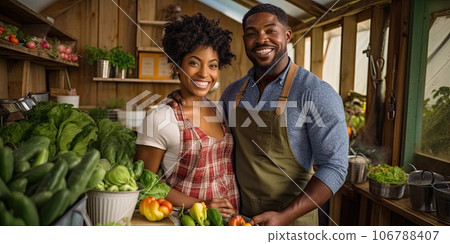 Young African American couple with their garden vegetable crop. 106788407
