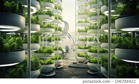 Innovative vertical farm with LED grow lights, showcasing sustainable agriculture and urban farming revolution. Innovative vertical farm with LED grow lights, showcasing sustainable agriculture and urban farming revolution. 106788422