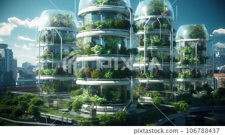 Innovative vertical farm with LED grow lights, showcasing sustainable agriculture and urban farming revolution. Innovative vertical farm with LED grow lights, showcasing sustainable agriculture and urban farming revolution. 106788437