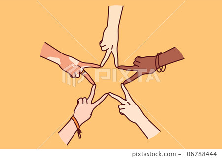 Hands of multiracial people making star shape from fingers, for concept tolerance 106788444