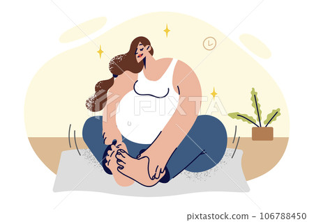 Pregnant woman doing morning exercises and stretching, sitting on floor on fitness mat Pregnant woman doing morning exercises and stretching, sitting on floor on fitness mat 106788450