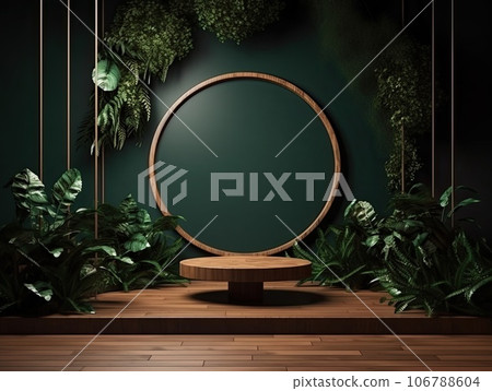 Green podium in modern tropical background for product placement 3d render. AI Generative Green podium in modern tropical background for product placement 3d render. AI Generative 106788604