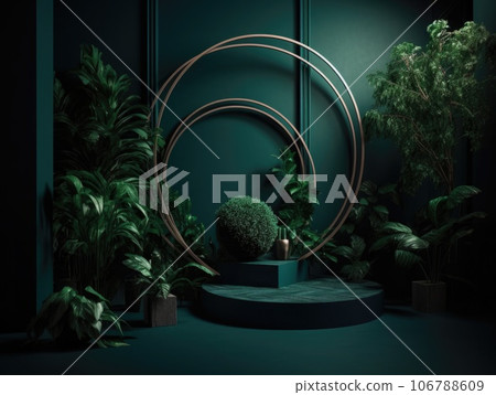 Green podium in modern tropical background for product placement 3d render. AI Generative 106788609