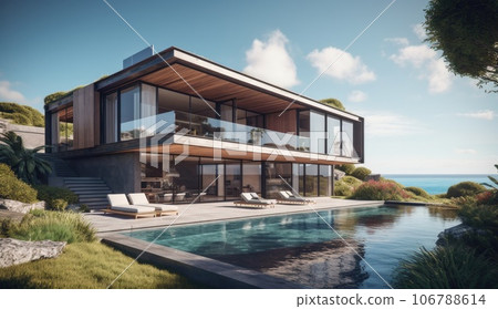Design house - modern villa with open plan living and private bedroom wing. Large terrace with privacy and, swimming pool. Generative AI. Design house - modern villa with open plan living and private bedroom wing. Large terrace with privacy and, swimming pool. Generative AI. 106788614