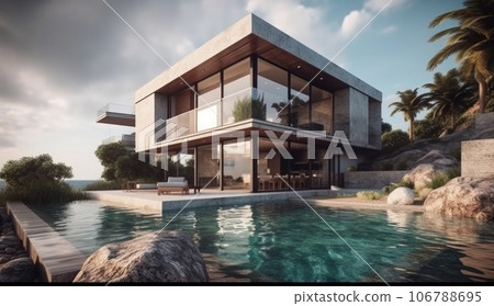 Design house - modern villa with open plan living and private bedroom wing. Large terrace with privacy and, swimming pool. Generative AI. 106788695