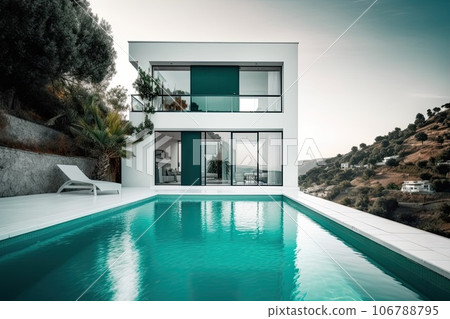 Design house - modern villa with open plan living and private bedroom wing. Large terrace with privacy and, swimming pool. Generative AI. 106788795