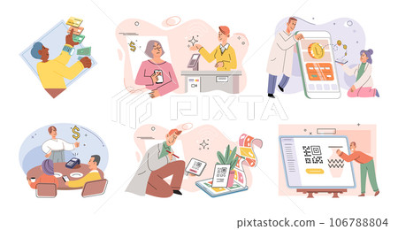Cashless payment. Vector illustration. Contactless payment systems are widely accepted at restaurants, stores, and public transportation NFC-enabled devices cbe used to store loyalty cards Cashless payment. Vector illustration. Contactless payment systems are widely accepted at restaurants, stores, and public transportation NFC-enabled devices cbe used to store loyalty cards 106788804