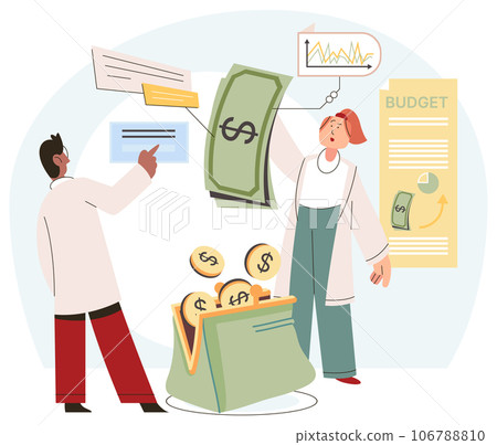 Concept of finance accounting. Young man and woman count expenses and income of company, corporate investments. Set of employees analyzing business budget. Married couple plans monthly spending Concept of finance accounting. Young man and woman count expenses and income of company, corporate investments. Set of employees analyzing business budget. Married couple plans monthly spending 106788810