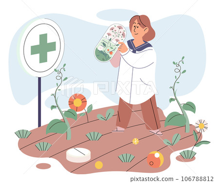 Herbal medicine and homeopathy healthcare and health treatment. Scientist growing medicinal plants picking leaves in garden bed. Using healing power of flowers and herbs. Organic cure and aromatherapy Herbal medicine and homeopathy healthcare and health treatment. Scientist growing medicinal plants picking leaves in garden bed. Using healing power of flowers and herbs. Organic cure and aromatherapy 106788812