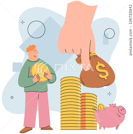 Businessman putting coins in money bag. Coin stack step growing growth. Saving dollar cash concept. Capital business investment. Money deposit. Finance management and banking, earning and profit 106788842