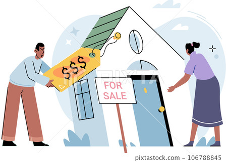 People buying apartment in new home. Man and woman choose real estate and private property. Investing and trading, mortage. Family budget and savings. Cottage and building, house sale or rent People buying apartment in new home. Man and woman choose real estate and private property. Investing and trading, mortage. Family budget and savings. Cottage and building, house sale or rent 106788845