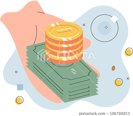 Human hand give money coins and bills. Businessman invest funds. Business success finance income. Currency and cash investment, money saving on hand isolated. Financial commerce, dollar earnings 106788853