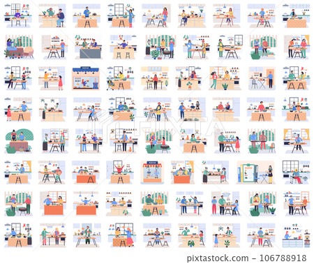 People cooking vegetarian food. Vector illustration. Woman preparing salad, kitchen eating. Fresh vegetables, organic food, natural products. Cooking homemade meals in small cozy kitchen. Big set 106788918