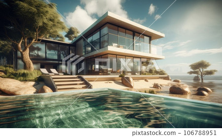 Design house - modern villa with open plan living and private bedroom wing. Large terrace with privacy and, swimming pool. Generative AI. Design house - modern villa with open plan living and private bedroom wing. Large terrace with privacy and, swimming pool. Generative AI. 106788951