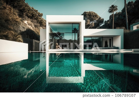 Design house - modern villa with open plan living and private bedroom wing. Large terrace with privacy and, swimming pool. Generative AI. 106789107