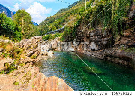 View of the Verzasca river in Lavertezzo, Verzasca Valley, Ticino Canton, Switzerland 106789126