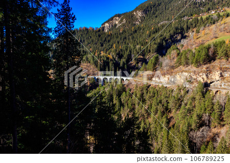 View of Landwasser Viaduct, Rhaetian railway, Graubunden in Switzerland View of Landwasser Viaduct, Rhaetian railway, Graubunden in Switzerland 106789225