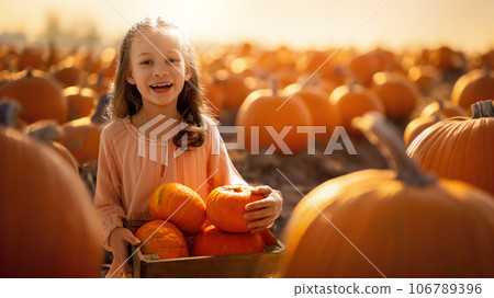girl with orange pumpkins in the field girl with orange pumpkins in the field 106789396