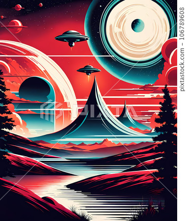 Retro sci-fi poster illustration, depicting spacecraft AI generation Retro sci-fi poster illustration, depicting spacecraft AI generation 106789608