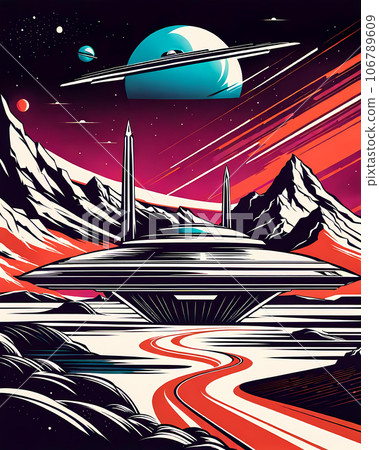Retro sci-fi poster illustration, depicting spacecraft AI generation Retro sci-fi poster illustration, depicting spacecraft AI generation 106789609