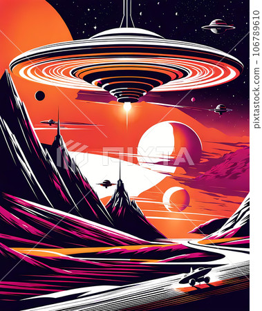 Retro sci-fi poster illustration, depicting spacecraft AI generation 106789610