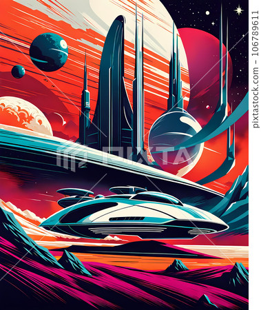 Retro sci-fi poster illustration, depicting spacecraft AI generation 106789611