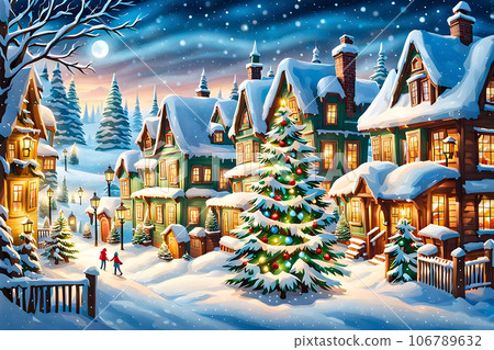Capture the magic of a winter wonderland with a snowy village scene 106789632