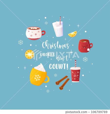 New Year card, inscription, Merry Christmas with mug, drinks, winter 106789789