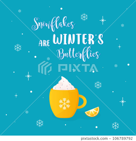 New Year card, inscription, Merry Christmas with mug, drinks, winter New Year card, inscription, Merry Christmas with mug, drinks, winter 106789792