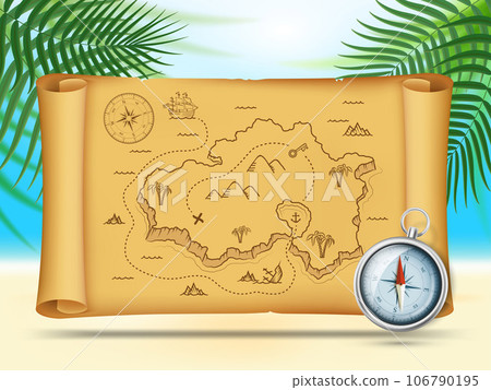 Old pirate map of treasure island on an old scroll. Old pirate map of treasure island on an old scroll. 106790195