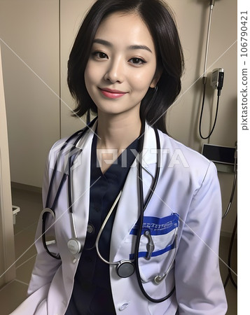 一位穿著醫生外套坐在檢查室的女醫生(AI生成) 一位穿著醫生外套坐在檢查室的女醫生(AI生成) 106790421