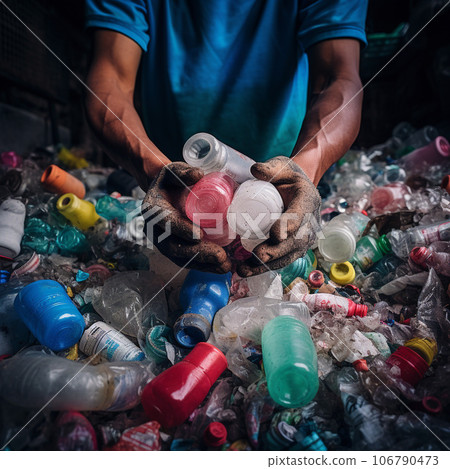 Hands of a man sorting plastic bottles 106790473