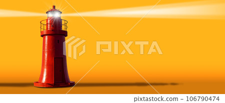 Red Lighthouse with Light Beams on a Yellow and Orange Background Red Lighthouse with Light Beams on a Yellow and Orange Background 106790474