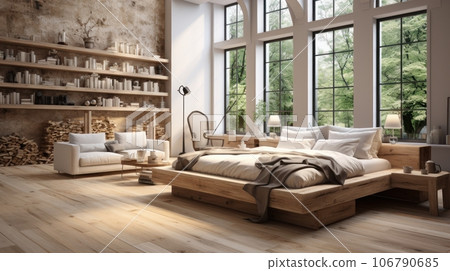 Interior of loft style bedroom in luxury villa or studio apartment. Simple wooden bed and bedside tables, bookshelves, chillout area, panoramic windows with park view. Ecodesign. 3D rendering. Interior of loft style bedroom in luxury villa or studio apartment. Simple wooden bed and bedside tables, bookshelves, chillout area, panoramic windows with park view. Ecodesign. 3D rendering. 106790685