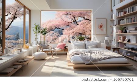 Interior of minimalist scandi bedroom in luxury villa. Simple wooden bed and elements of interior, chillout area, bookshelves, panoramic windows with scenic landscape. Ecodesign. 3D rendering. 106790701