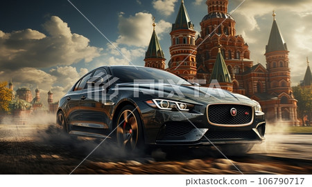 Front view of modern luxurious black car driving down the street of old European city. Vintage historical building or church with domes on the background. Motion blur effect. 3D rendering. 106790717