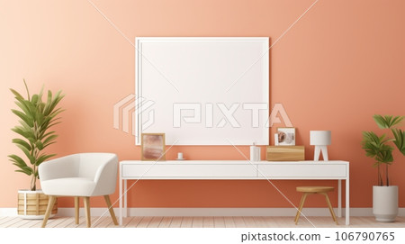 Stylish minimalist monochrome interior of modern office room in pastel orange and beige tones. Wooden desk with office tools and table lamp, chair, houseplants, poster template. Mockup, 3D rendering. 106790765