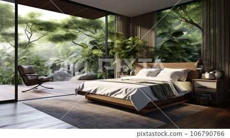 Interior of cozy minimalist bedroom in luxury villa or hotel. Decorative wall, wooden floor, comfortable bed, terrace, floor-to-ceiling windows with garden view. Ecostyle home design. 3D rendering. 106790766