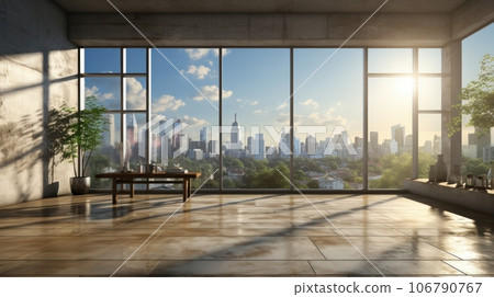 Interior of empty open space room in modern urban building for office or loft studio. Concrete walls and floor, furniture, houseplants. Floor-to-ceiling windows with city view. Mockup, 3D rendering. 106790767