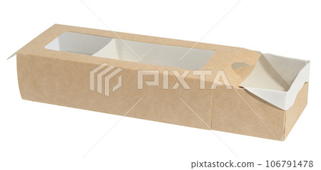 Empty brown rectangular cardboard box with a transparent lid on a white isolated background Empty brown rectangular cardboard box with a transparent lid on a white isolated background 106791478