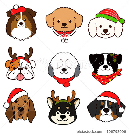 Illustration set of cute dog faces for Christmas, with main lines 106792006