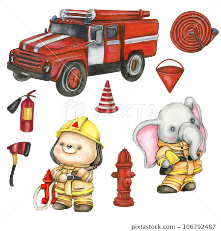 Watercolor Fireanimals and fire equipment set. Hand drawn cartoont funny illustration. Fire extinguisher, fire hose, bucket, car. For design invitations, poster, nursery clipart. Watercolor Fireanimals and fire equipment set. Hand drawn cartoont funny illustration. Fire extinguisher, fire hose, bucket, car. For design invitations, poster, nursery clipart. 106792487