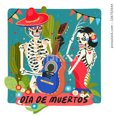 Dia de muertos. Mexican day of the dead. November 2. Vector celebration concept with lettering. Two sceletons dancing and playing guitar.  106792644