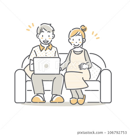 A young couple doing research together on a computer. Pregnancy. Simple and stylish line drawing illustration. 106792753